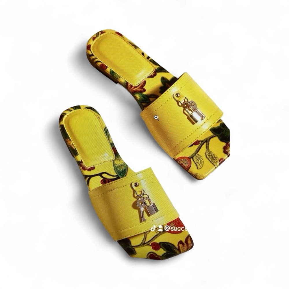 Floral Yellow Slide Sandals with Gold Charm